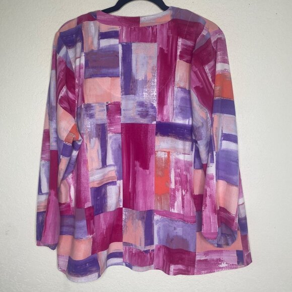 Denim & Co. Womens 1X Top Pink Abstract Print Button-Up Blouse 3/4 Sleeves - Picture 8 of 12